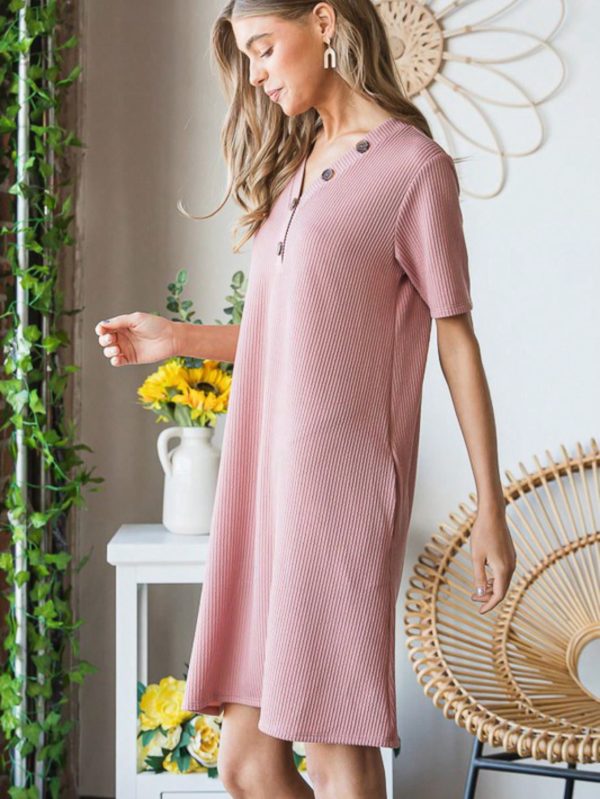 womens casual ribbed knit chic minimalist relaxed fit t shirt dress dusty pink half sleeve knee length round neck stretchy textured summer spring daily wear loose comfort midi