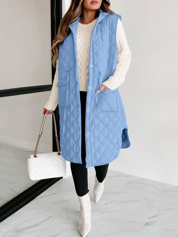 women's quilted hooded puffer vest warm sleeveless winter jacket with pockets, polyester, machine washable, coats, long