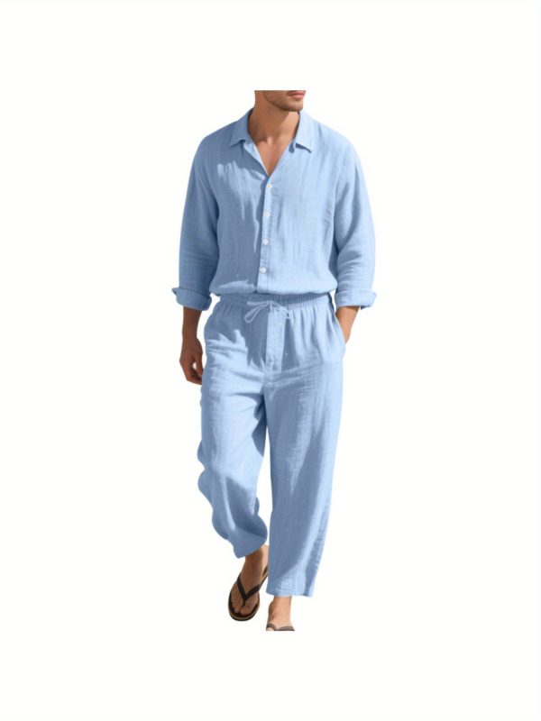 1 set (2 pack) men's button lapel long sleeve shirt and pants set breathable fabric, elastic waistband drawstring perfect for beach vacations, outdoor adventures, summer travel, daily leisure sizes s to xxxl