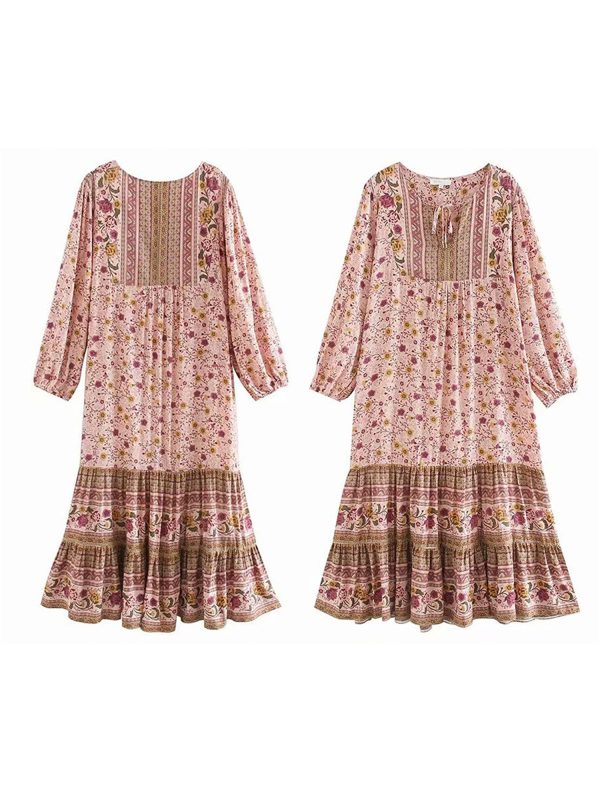 women bohemian long dresses floral print long balloon sleeves tie v neck tiered smock flowy a line dress