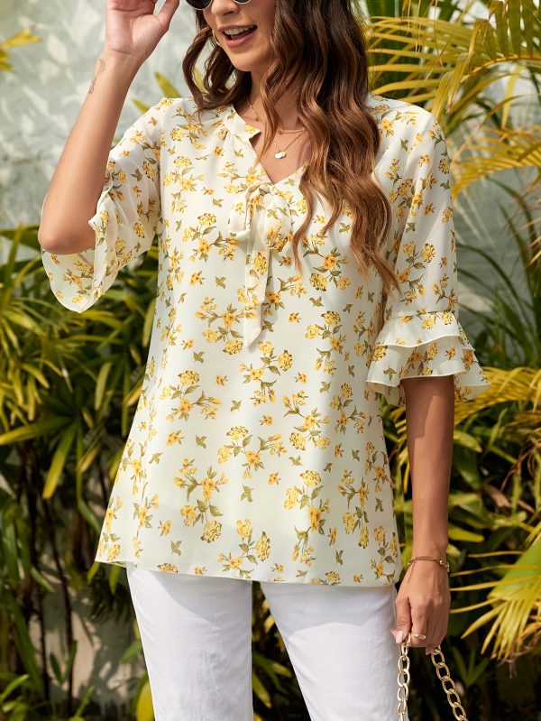 women summer tops shirts, formal chiffon, bow embellishments, layered bell sleeves, cinched waist, double chiffon, loose pleated, v neck, casual work, floral tunic shirt top