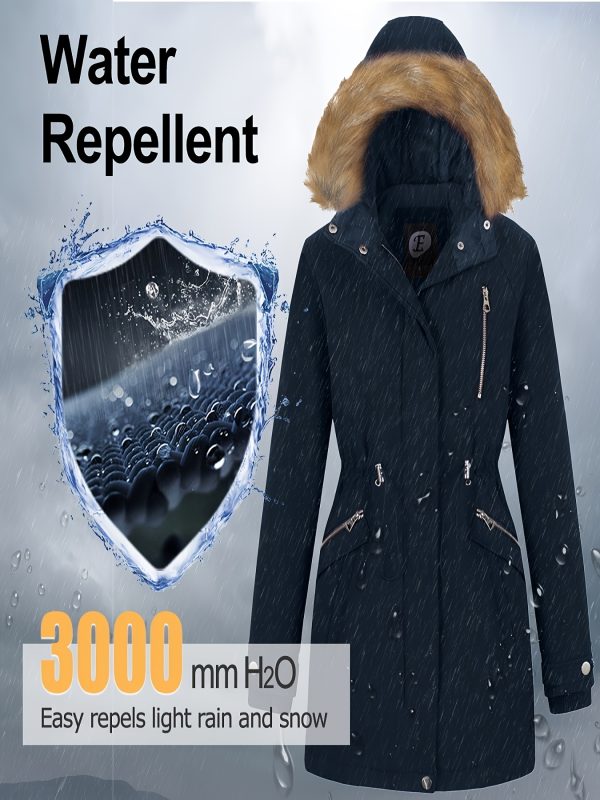women's hooded winter parka coat with removable faux fur trim, windproof puffer jacket, hip length with multiple pockets, cozy insulated for outdoor and everyday use, multi function pockets