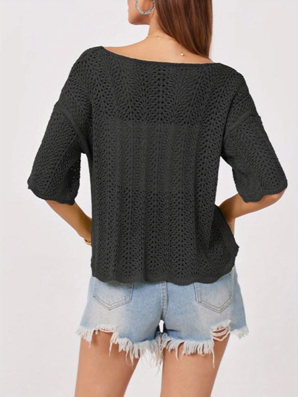 women's light green crochet top loose fit, round neck, short sleeve, summer casual blouse with ruffled hem, perfect for beach or vacation, beachwear blouse | ruffled hem top | crochet texture