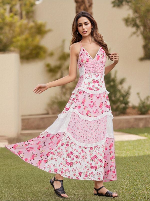 women's floral dress stylish lace patchwork ruffled trim sleeveless spaghetti strap v neck a line long dress for summer