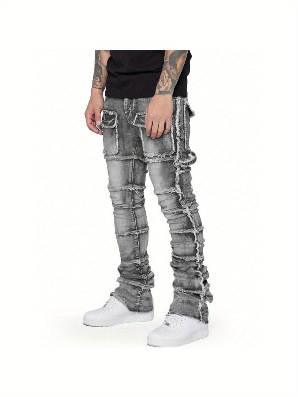 men's workwear style grey denim straight leg pants with hand stitched frayed edges & elasticated large pocket slim fit streetwear jeans with layered leg cuffs, all season comfort for casual & work outfits (hand washable)