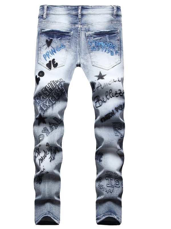 european and american trendy men, hip hop street style, daily super bull, front and back heavy work embroidery, stretch slim fit, small straight jeans, men