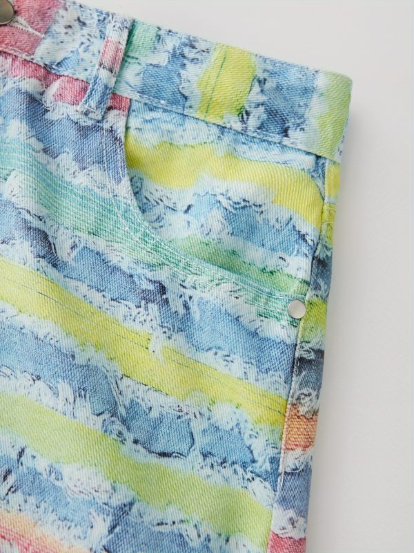men's colorful striped wide leg denim pants rainbow print mid rise casual jeans with pockets, loose fit button closure, all season comfort for casual attire, comfortable clothing | vibrant striped jeans | nonstretch fabric