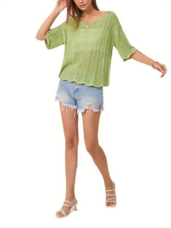 women's light green crochet top loose fit, round neck, short sleeve, summer casual blouse with ruffled hem, perfect for beach or vacation, beachwear blouse | ruffled hem top | crochet texture