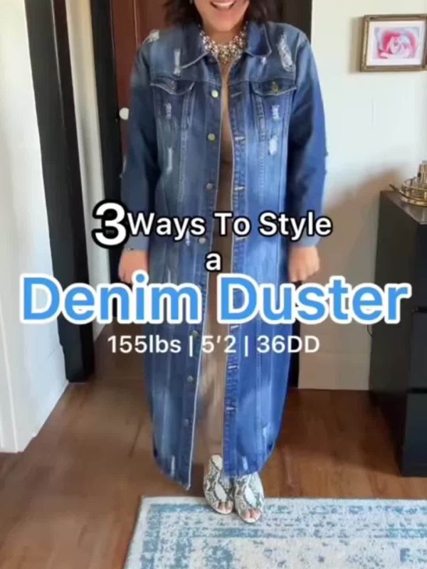 women's lapel button vintage slim denim long jacket