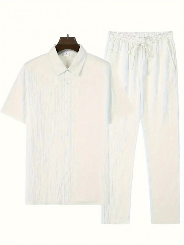 men's casual striped short sleeve sports suit with button shirt collar and elastic waistband pants, made of polyester textile elastane blend, summer two piece suit with waistband detail