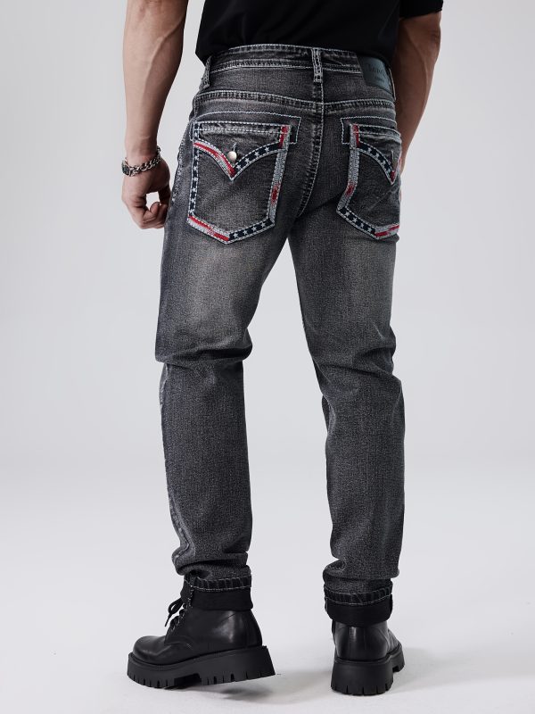 men's classic thick thread embroidery slim elastic four season jeans, esdvq