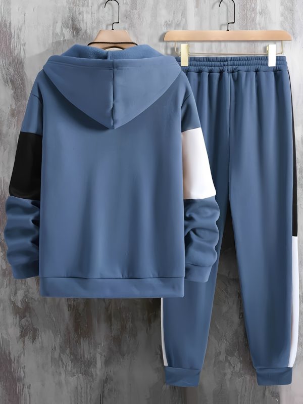 men's clothing, two piece contrasting long sleeved zipper hooded jacket and drawstring pants, suitable for outdoor wear