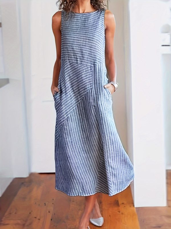women's striped tank dress sleeveless round neck midi with pockets, casual summer wear, machine washable