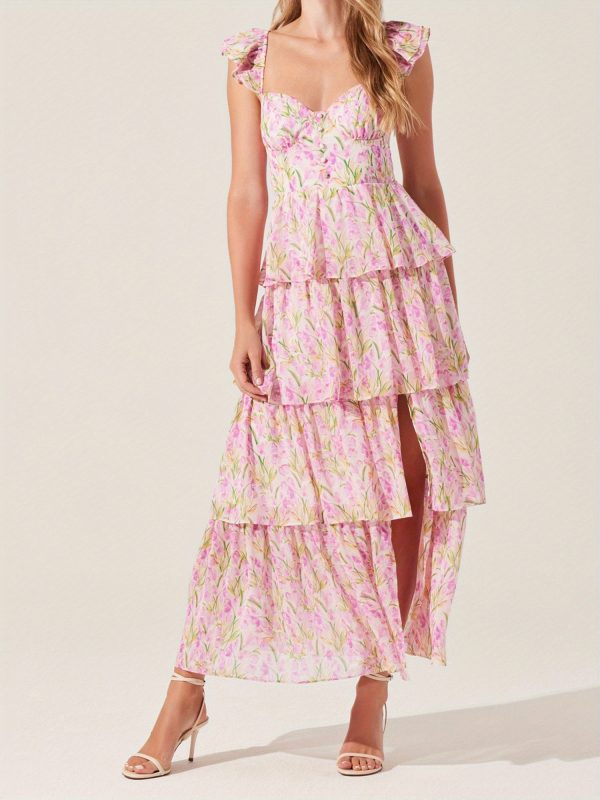 women's floral dress stylish multi layered ruffles split cap sleeve long a line dress for spring summer