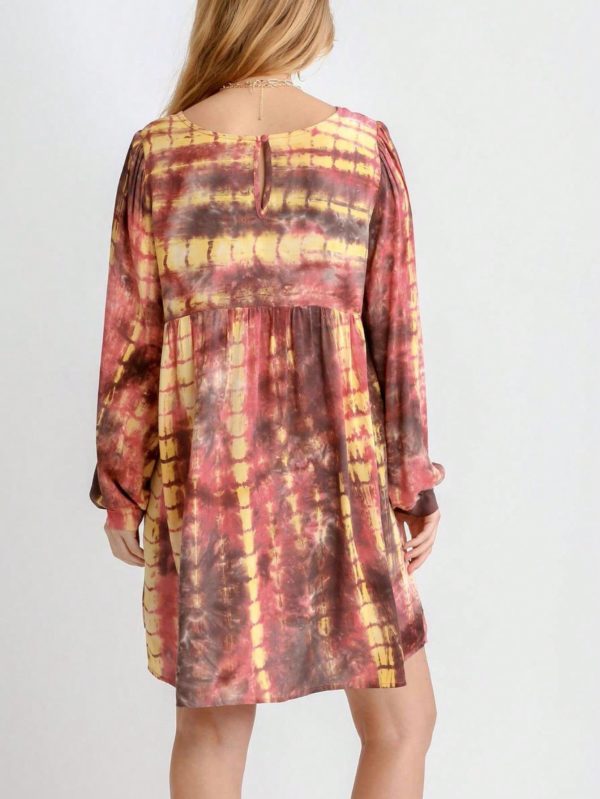 womens casual boho chic tie dye pattern empire waist babydoll mini dress yellow brown pink long balloon sleeve round neck loose flowy fall spring daily wear