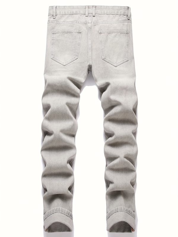 men's straight leg distressed jeans with ripped holes & star patches mid rise denim casual pants, machine washable summer streetwear for adults, casual attire pants | trendy men's jeans | ragged hem design, ripped jeans