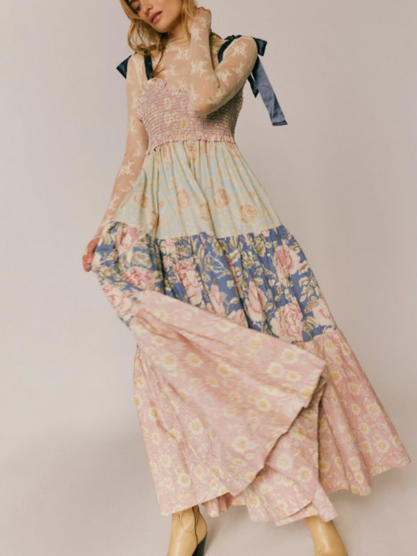 women cami dress floral print tie up shoulder straps sleeveless dress long dress summer big swing a line dress