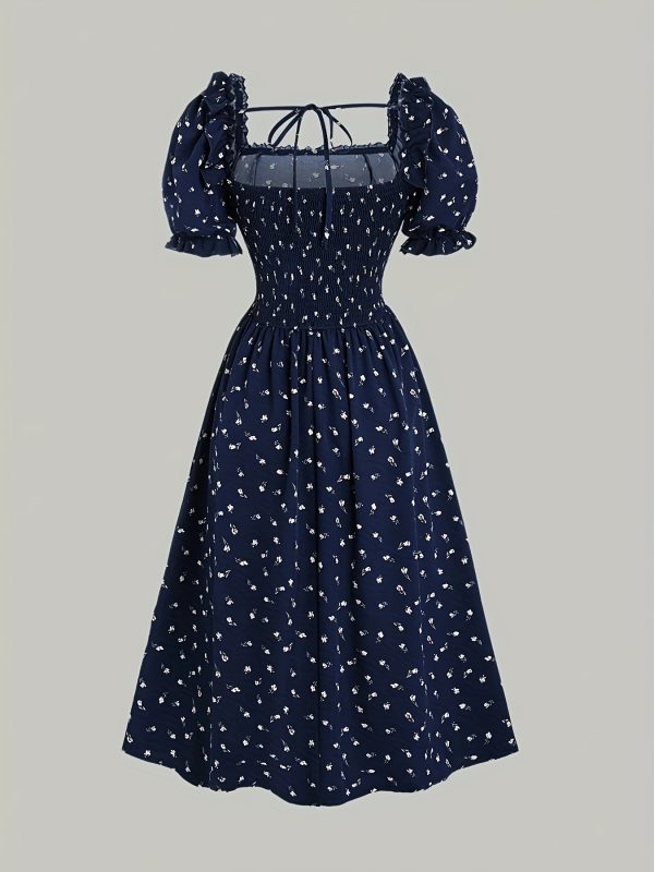 women's navy blue & white floral midi dress elegant french floral party, wedding guest, formal event dress with bubble sleeves, flared hem non stretchy fabric for springu002fsummer outfits, wedding guest attire, square neckline, highquality textile