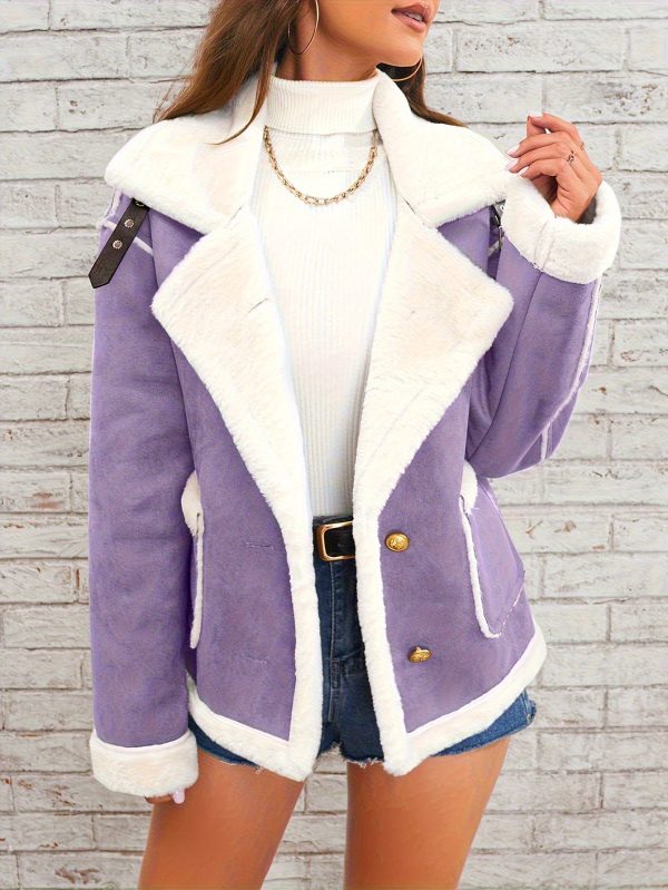 elegant lapel plush jacket winter warm casual coat with soft plush lining, solid color design, front pockets & machine washable for women