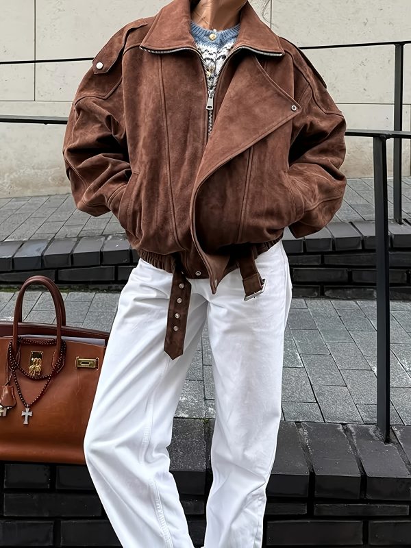 women's elegant brown jacket structured zipper front closure, non stretch outer for office, commute & formal events machine washable professional outerwear (springu002ffall essential), spring outerwear, turndown collar, suedelike texture