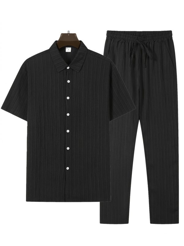 mencasual stripes short sleeve sports suit, button shirt collar and elastic waistband pants, made of polyester textile elastic fiber blend, summertwo piece set, belt detail
