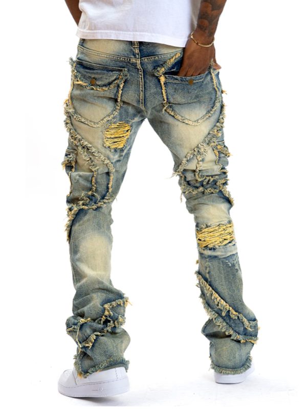 mens black stacked jeans slim fit ripped jeans destroyed straight denim pants harajuku hip hop trouser streetwear 4pcs