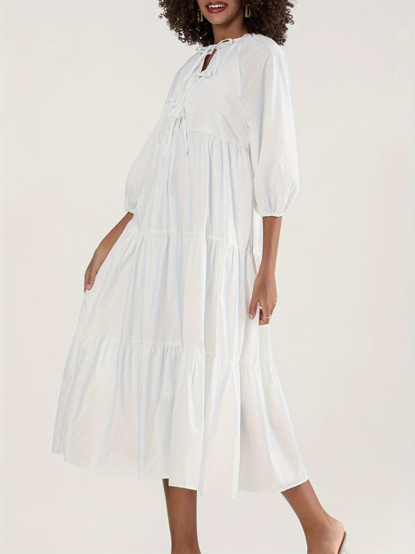 elegant tie front a line midi dress for women long sleeve, round neck, flowy polyester perfect for springu002fsummer