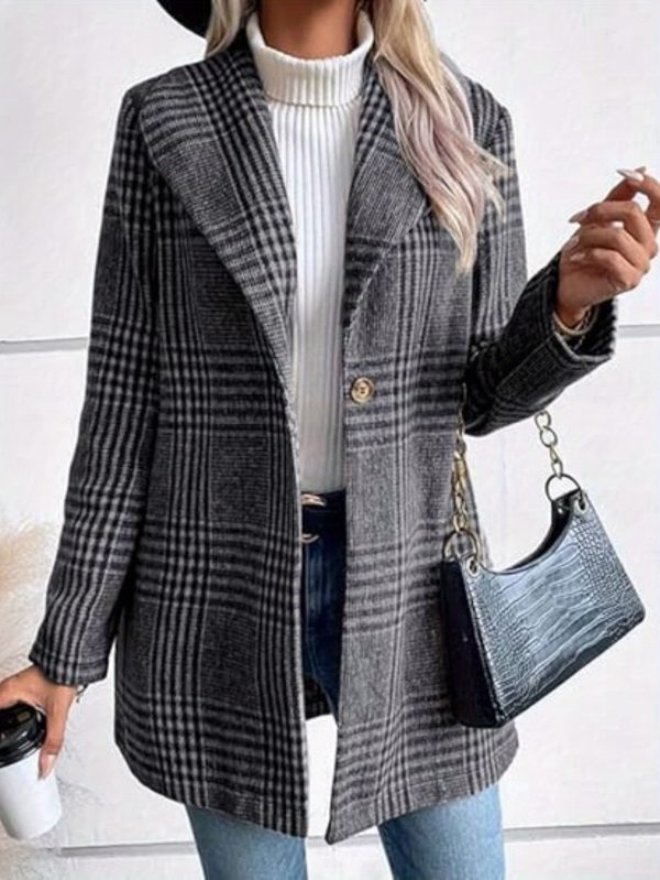 women's slim fit plaid coat casual long sleeve button up with lapel collar, brown & white checkered pattern, perfect for fallu002fwinter, stylish outerwear | checkered pattern coat | buttonup coat