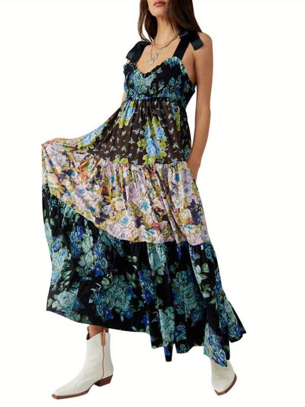 women cami dress floral print tie up shoulder straps sleeveless dress long dress summer big swing a line dress