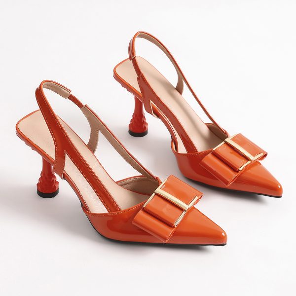 women's elegant bow decorated pointed toe sandals with ultra high pineapple heel slip on rear ankle strap, vibrant orange synthetic cover, lightweight tpu sole for office & party summer footwear, evening wear, stylish finish, fashion lovers
