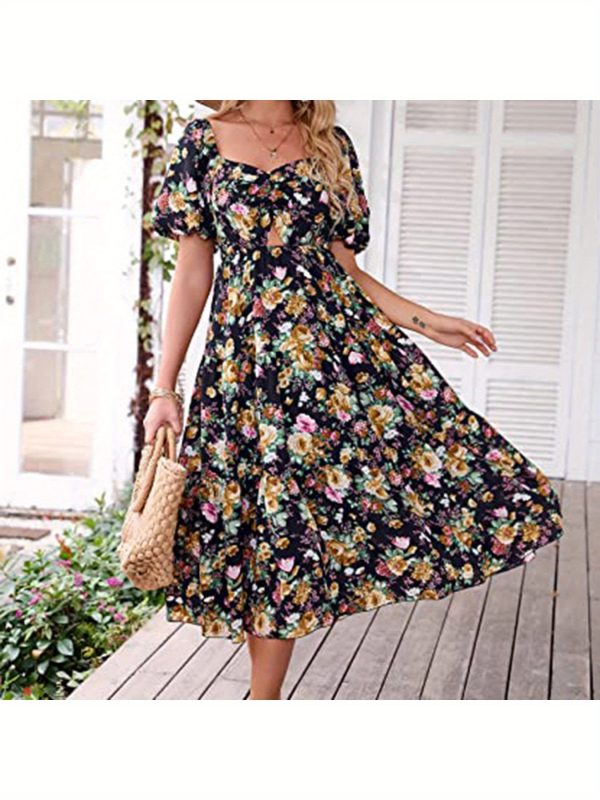 women's elegant bohemian floral like digital print a line flared mid high waistdress flared hem, for beach, party, everyday springu002fsummer outfits, party outfit, vneck design, lightweight fabric, versatile clothing, summer wardrobe