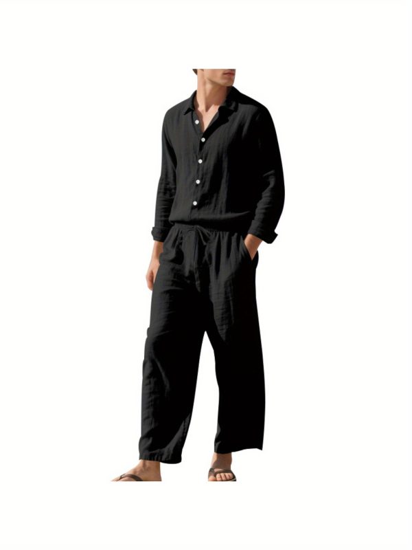 1 set (2 pack) men's button lapel long sleeve shirt and pants set breathable fabric, elastic waistband drawstring perfect for beach vacations, outdoor adventures, summer travel, daily leisure sizes s to xxxl