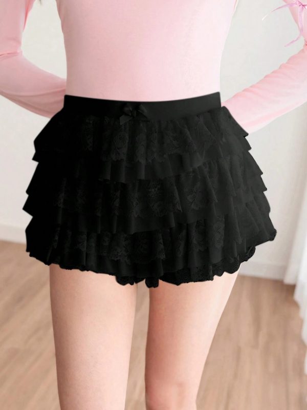 women's high waisted solid color lace trim multi layer shorts stretchy all season casual shorts with ruffled hem, machine washable & dry cleanable, white & pastel pink for, casual attire, skirt like outfits