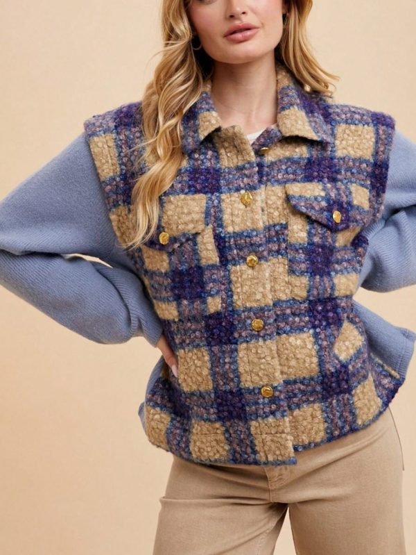 women's casual jacket chic faux fur plaid pattern outerwear blue button up closure long sleeves collared neck soft cozy fabric perfect for fallu002fwinter layering everyday wear