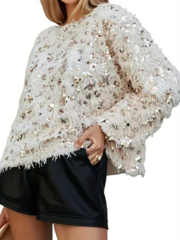 women's y2k sparkling sequin sweater with tassel hem & fringe sleeve details loose fit crew neck long sleeve pullover, all season party & everyday winter fall tops (hand washu002fdry clean) no stretch fabric