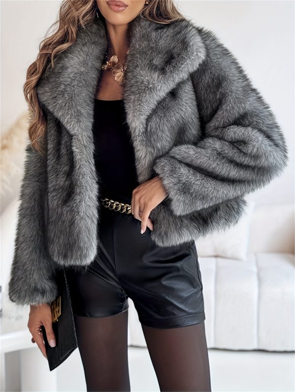 collared long sleeve faux fur jacket, casual warm fluffy coat