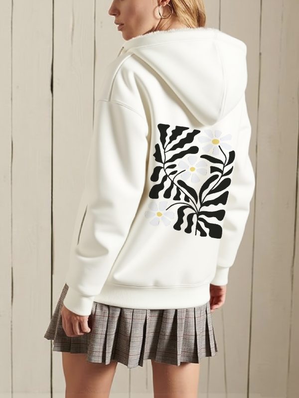 women's casual sherpa lined hoodie jacket with vibrant zebra & floral print, full zip up, white, all season comfort, casual outerwear | floral print hoodie | sherpa lined jacket