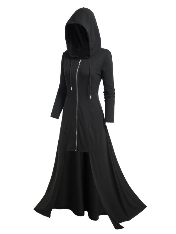 women's gothic hooded zip up jacket long formal coat with full zip closure, elegant gothic outerwear for halloween, cosplay, everyday easy care hand washable women's clothing, goth accessories