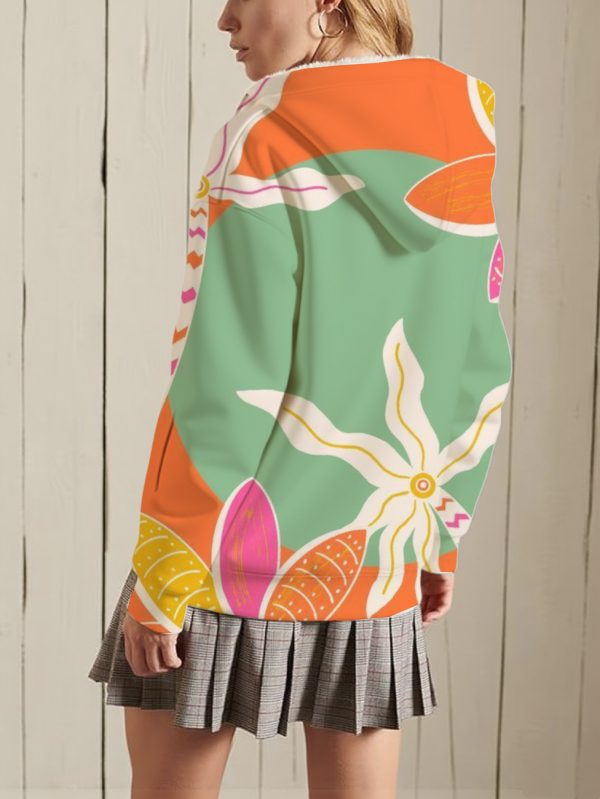 women's casual floral print hoodie cozy full zip up sweatshirt jacket with lined, vibrant orange & pink design, perfect for spring & fall, floral hoodie