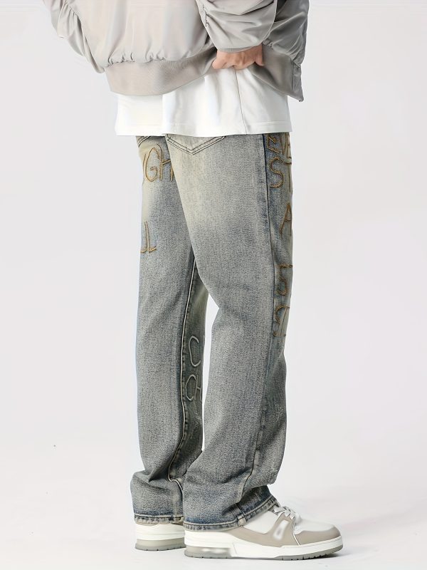 men's distressed blue straight leg jeans with embroidered