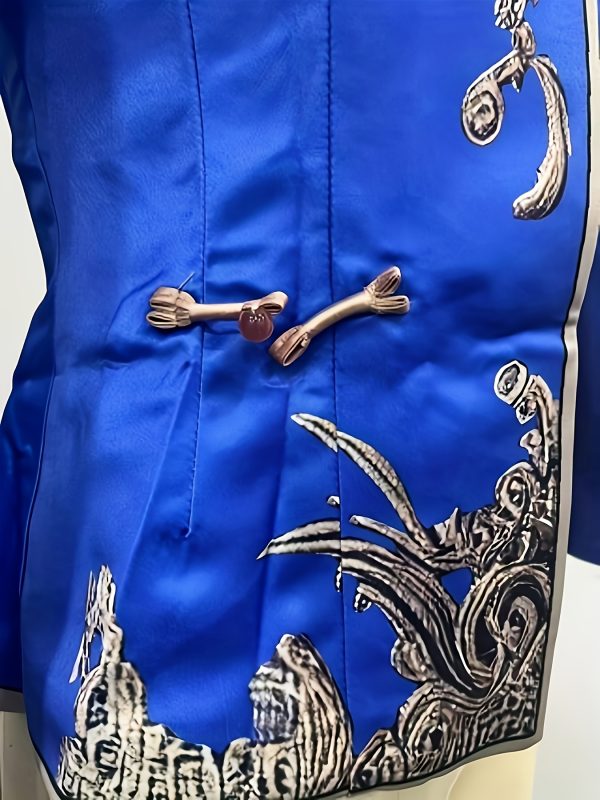 vintage floral stand collar long sleeve jacket blue & golden floral print, 100% polyester, machine washable, springu002ffall lightweight jacket for casual & formal wear