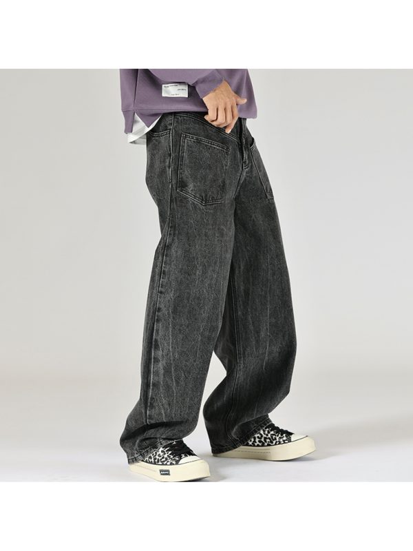 black washed vintage jeans men, small scimitar loose fit, trendy, large pocket design, high street dirty pants
