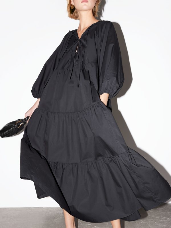 elegant tie front a line midi dress for women long sleeve, round neck, flowy polyester perfect for springu002fsummer