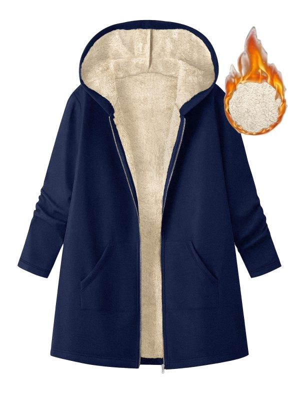 women's mid length hooded jacket cozy fleece lined casual outerwear with zipper closure, loose fit, solid color, long sleeve, perfect for fallu002fwinter, cozy fall jacket | hooded sweater | zippered jacket