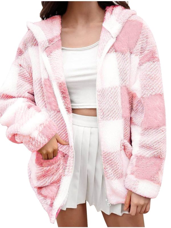 women's fuzzy plaid pattern long sleeve hooded neck zip up jacket coat outwear