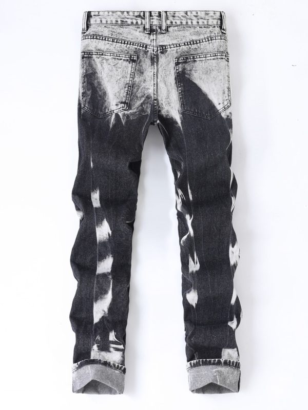 men's straight leg slim fit distressed black faux denim mid rise blend, casual street style with ripped details, comfortable and versatile, suitable for casual wear, stylish long pants, durable fabric