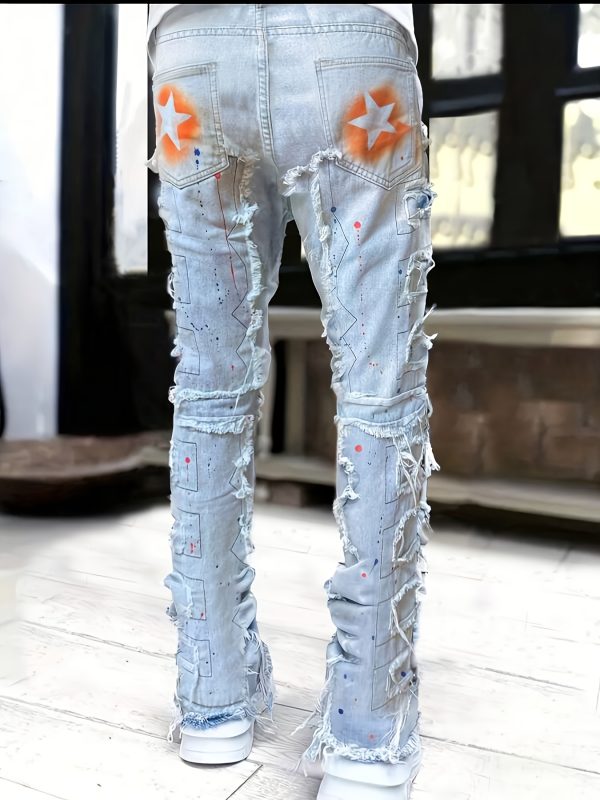 men's fashion creative fringe painted street style jeans