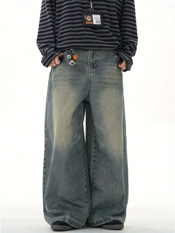 men's loose straight leg wide leg jeans, sea blue casual american street style pants, comfortable cut, suitable for daily wear i
