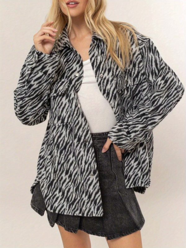 women's casual jacket chic zebra print snap outerwear top camel polyester blend long sleeve with button up closure, oversized fit collared neck hip length perfect for fallu002f winter layered street style or casual outings