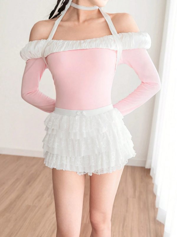 women's high waisted solid color lace trim multi layer shorts stretchy all season casual shorts with ruffled hem, machine washable & dry cleanable, white & pastel pink for, casual attire, skirt like outfits